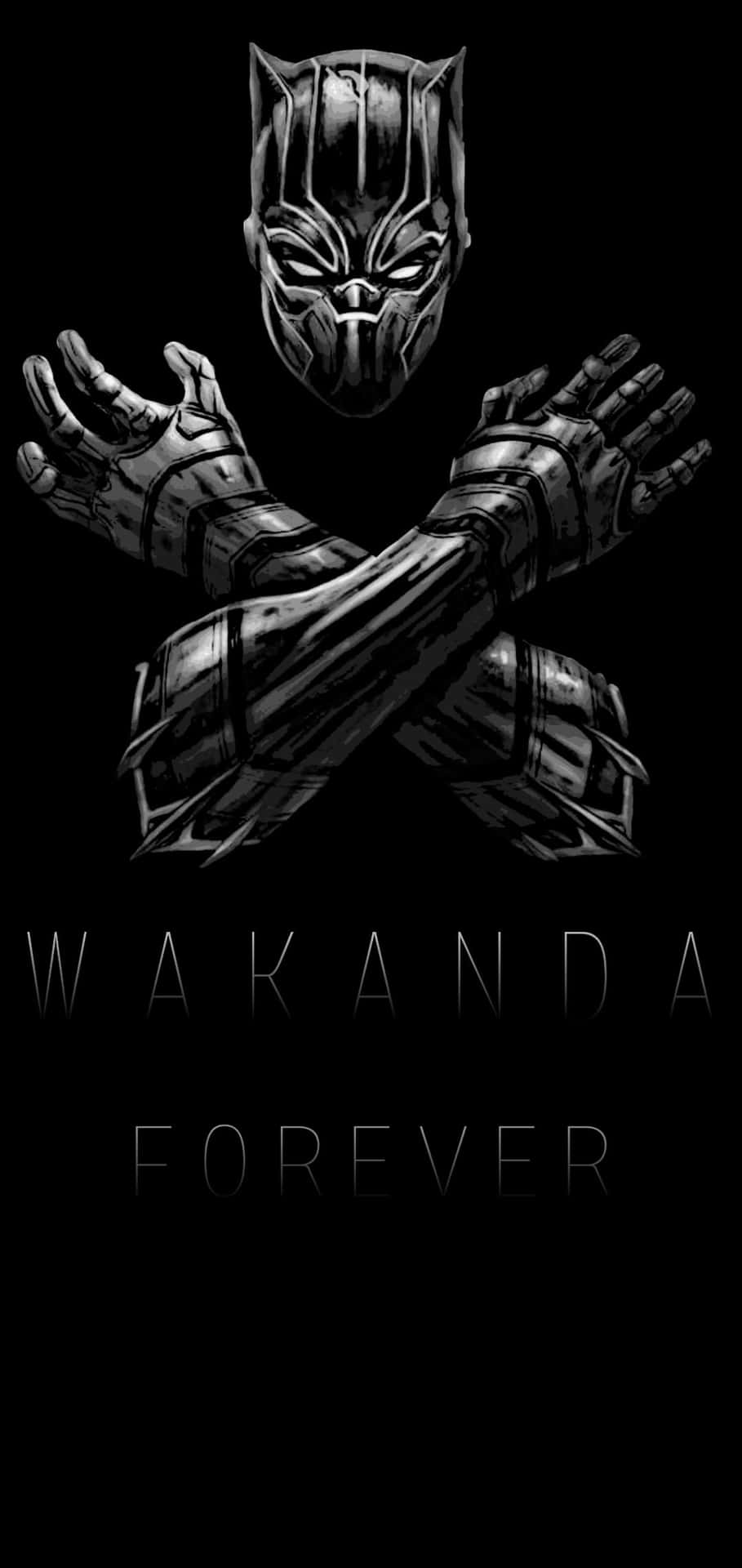 Vibranium 桌布 壁紙 — 黑豹的裝甲雙手在面具下交叉，背景為純黑色，並帶有「WAKANDA FOREVER」文字。