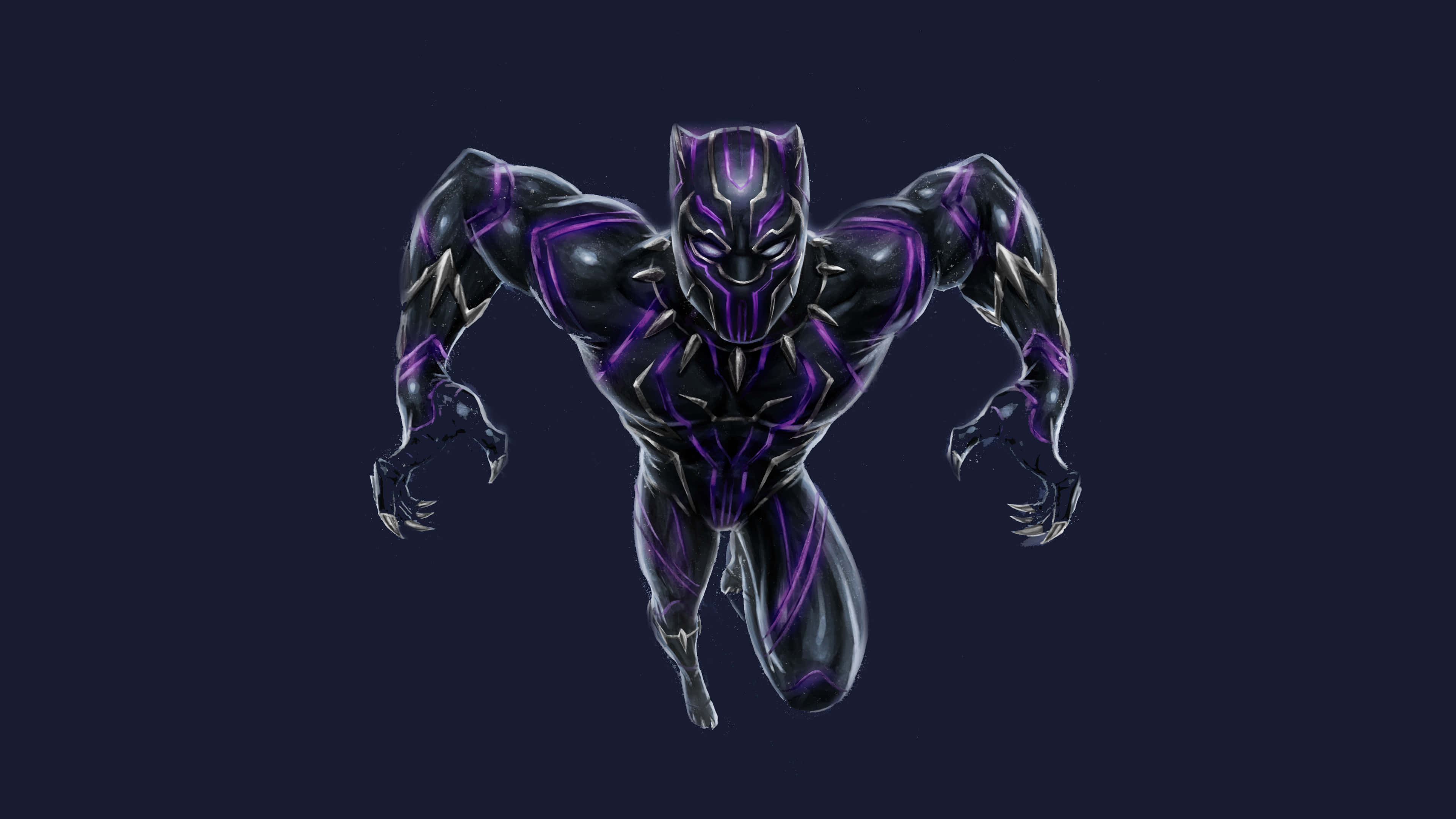 Vibranium Suit 桌布 壁紙 — 黑豹穿著時尚的黑色和紫色套裝，在深色背景下以動態姿勢蹲伏。
