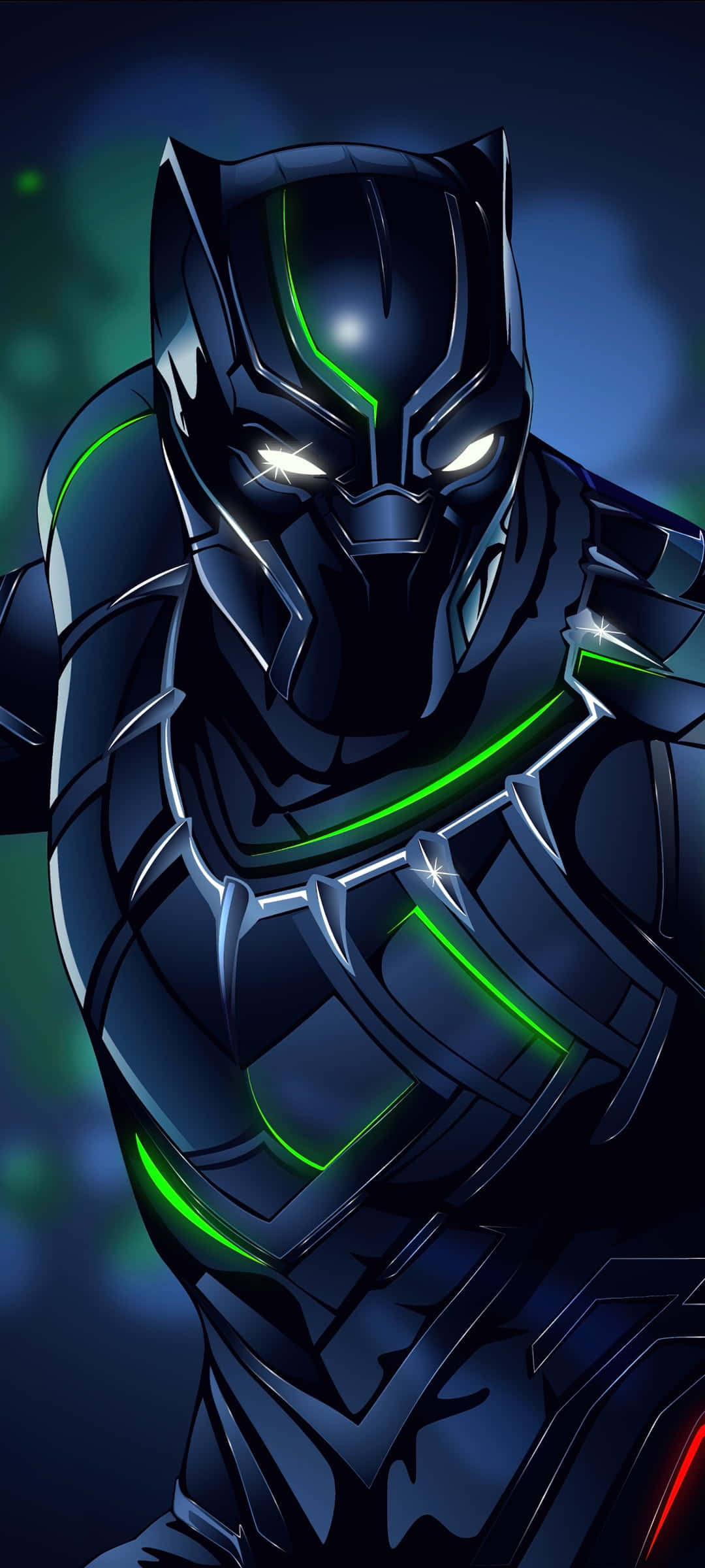 Vibranium 桌布 壁紙 — 黑豹站在深藍色和綠色照明的環境中，他的套裝上有發光的綠色點綴和銳利的白色眼睛。