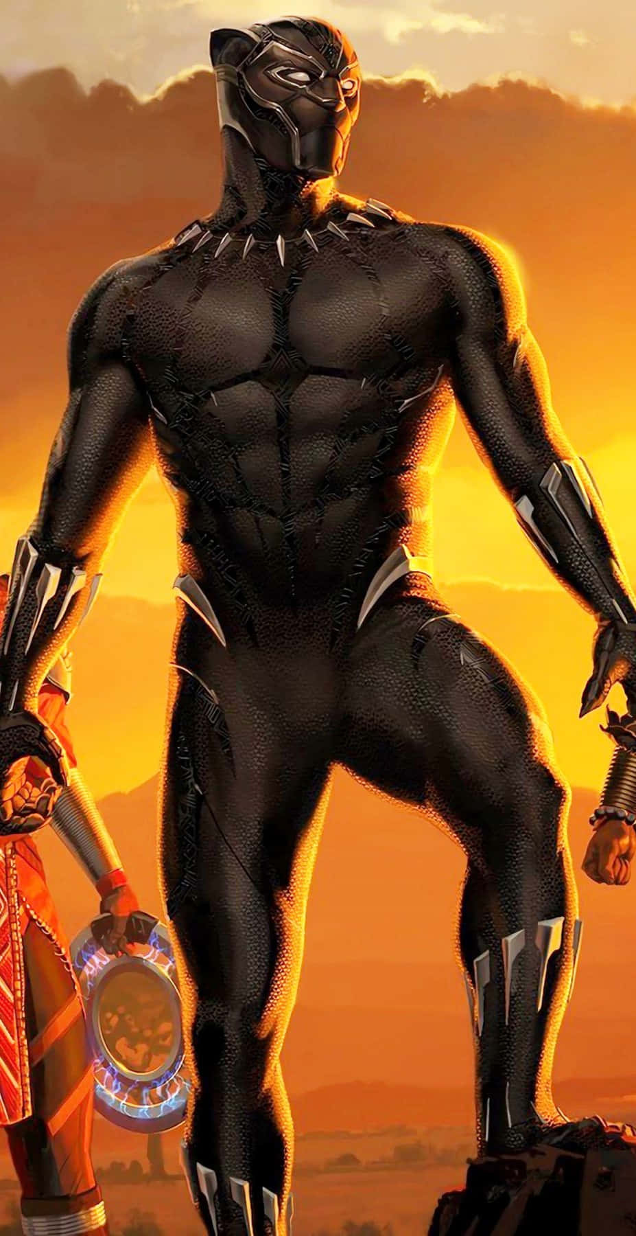King Of Wakanda 桌布 壁紙 — 黑豹身穿時尚黑色套裝，在熾熱的橙色日落天空下高高聳立。