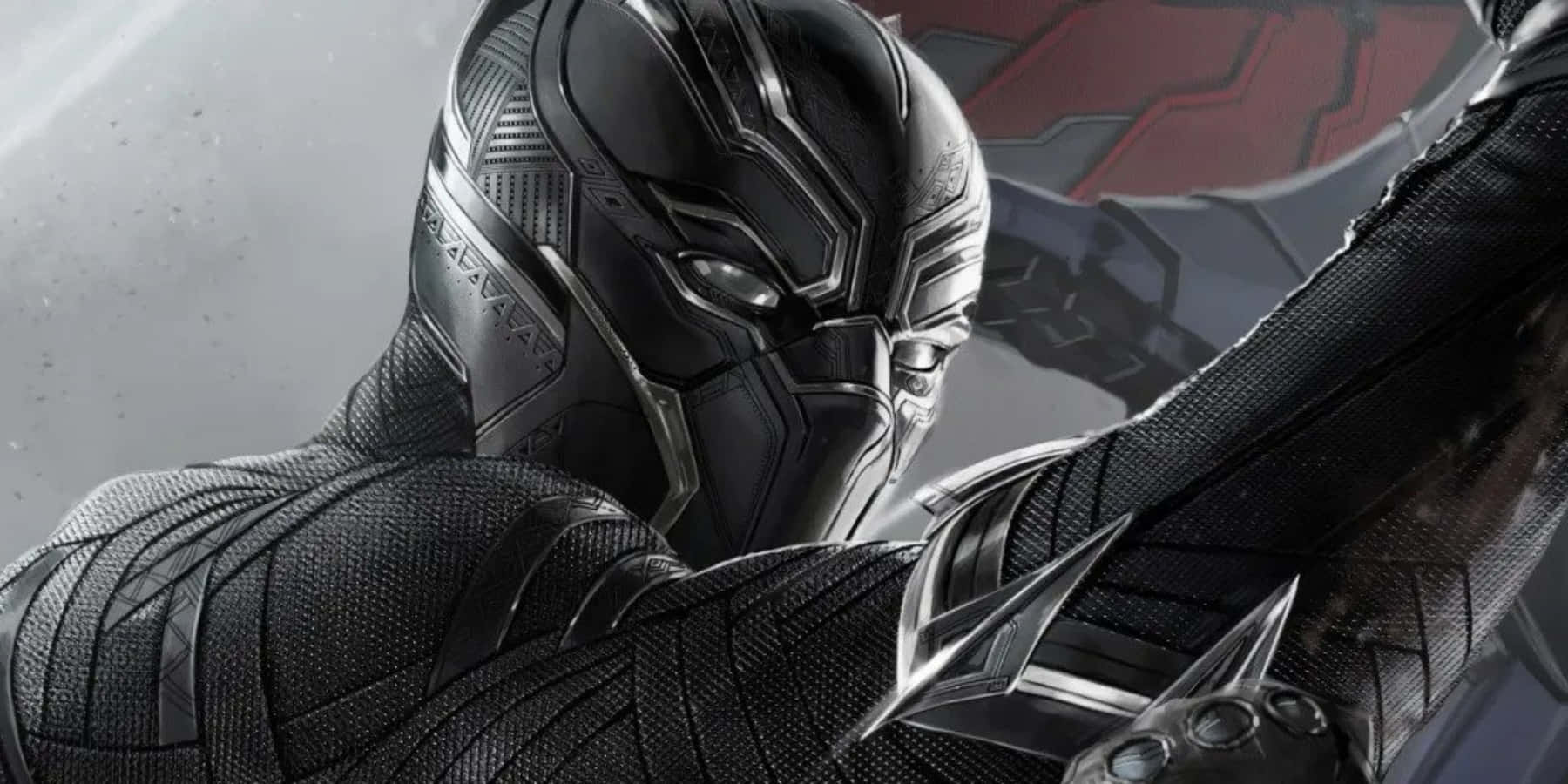 Vibranium Suit 桌布 壁紙 — 黑豹身穿時尚黑色套裝，帶有銀色點綴，在煙霧灰色背景前凝視著。