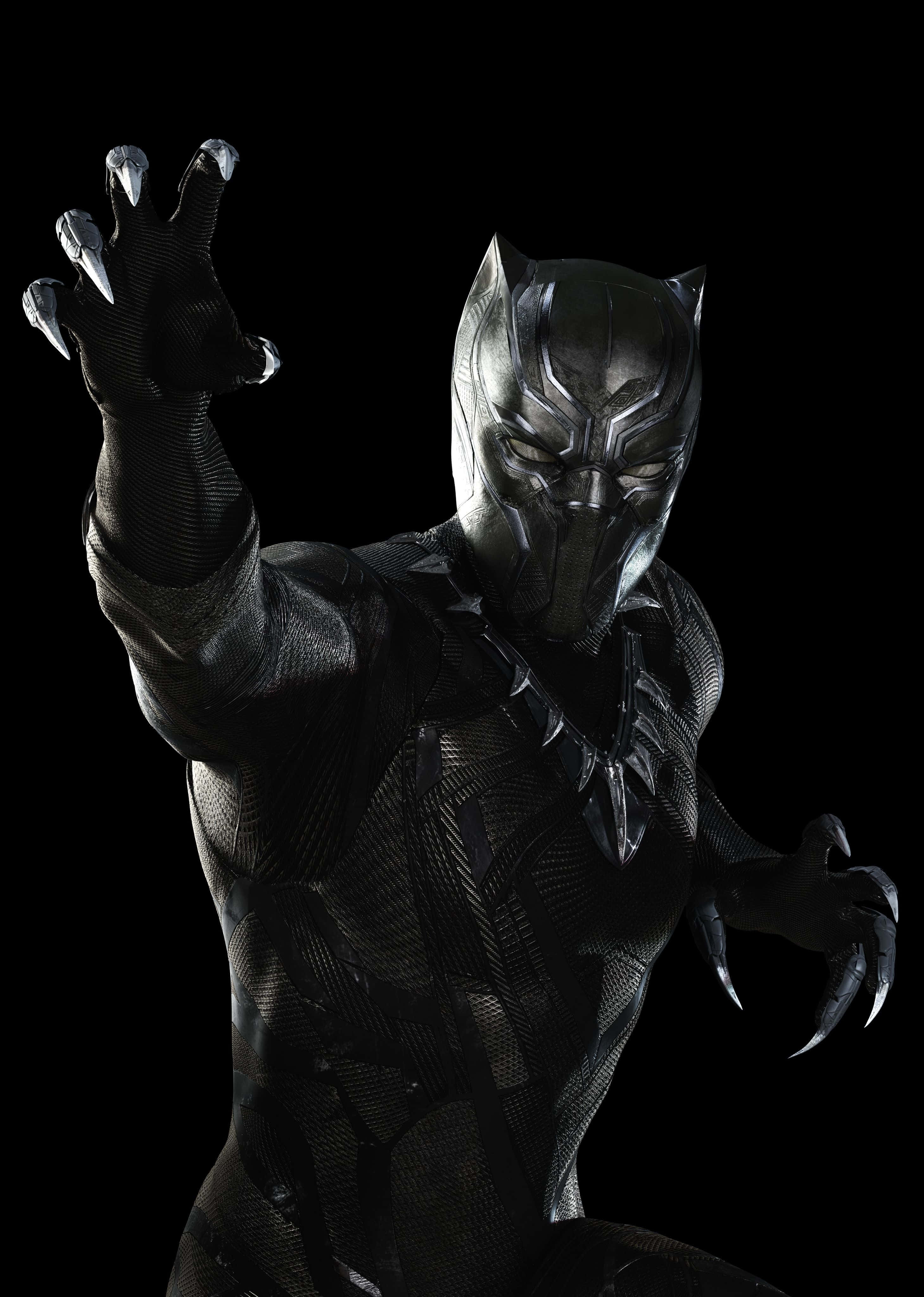 Vibranium 桌布 壁紙 — 黑豹身穿時尚黑色套裝，眼睛發光，利爪伸出，背景為深色。