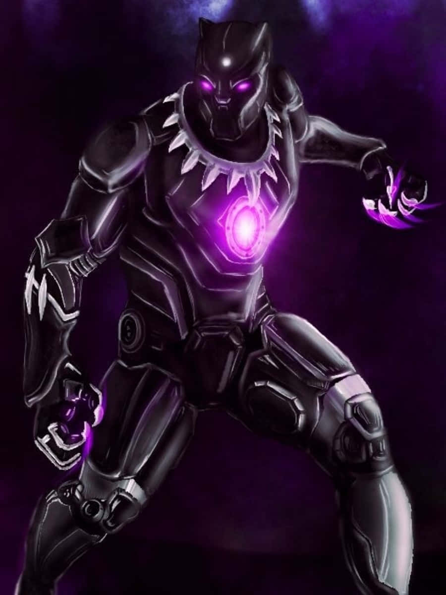 Vibranium Suit 桌布 壁紙 — 黑豹身穿時尚黑色盔甲，紫色發光眼睛和胸前標誌，在深紫色背景下蓄勢待發。