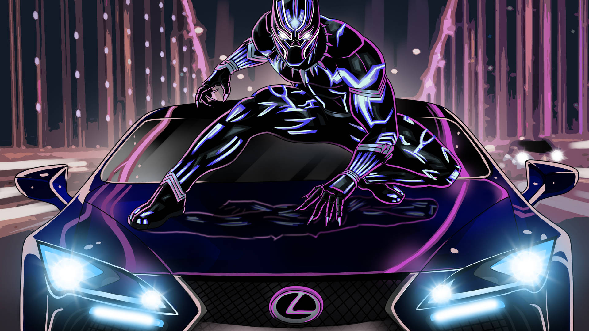 黑豹穿著超級英雄服裝，夜晚蹲在一輛紫色 Lexus 車上。
