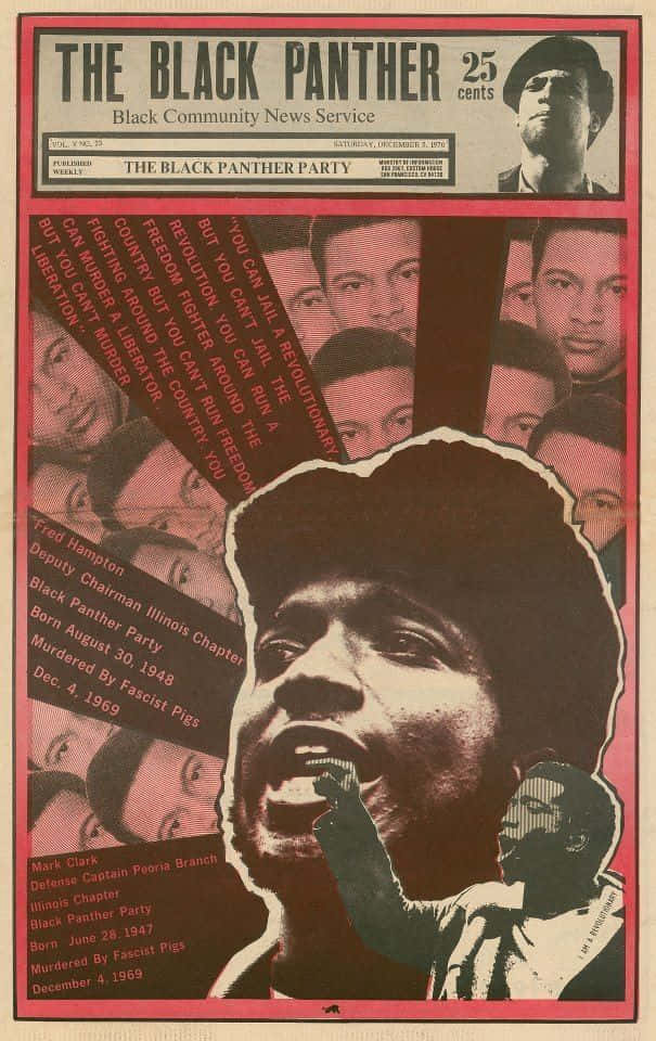 Black Panther Party 桌布 壁紙 — 黑豹黨大膽的紅黑海報，中央是弗雷德·漢普頓的肖像，周圍環繞著面孔和革命性文字。