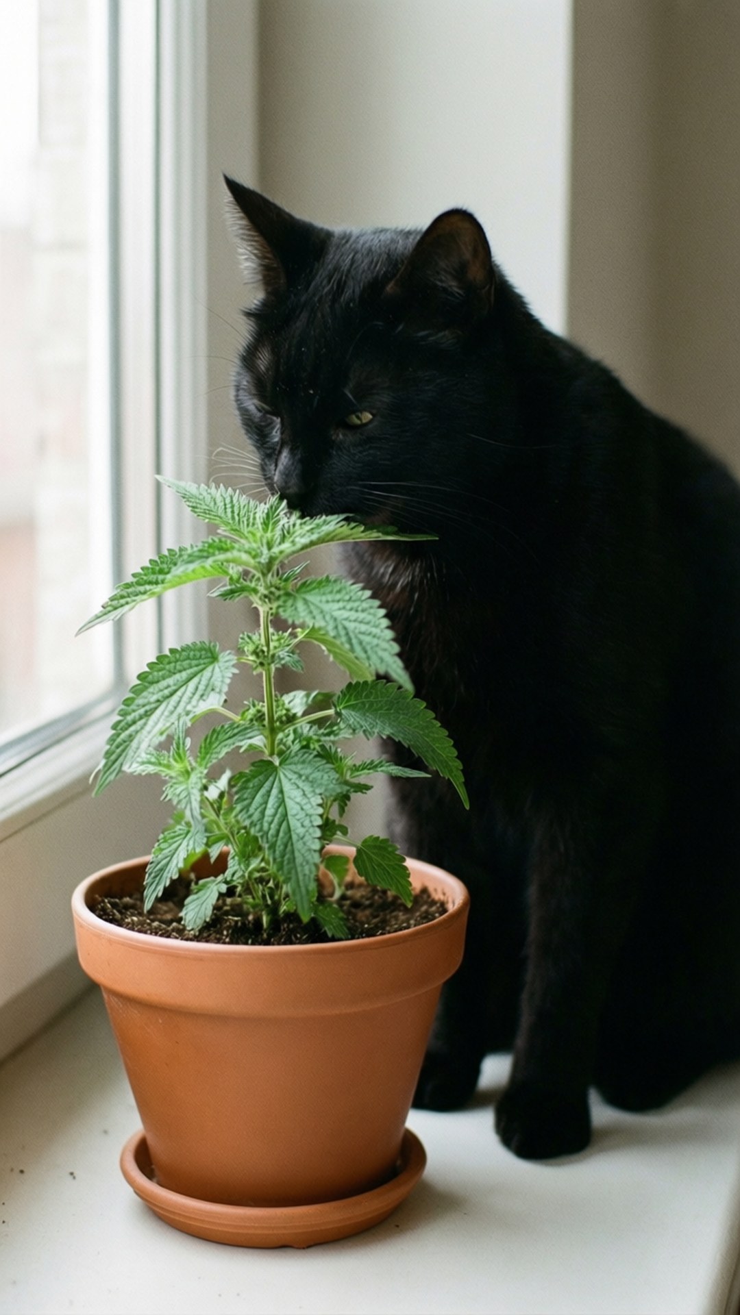 黑貓在明亮的窗邊嗅著盆栽。