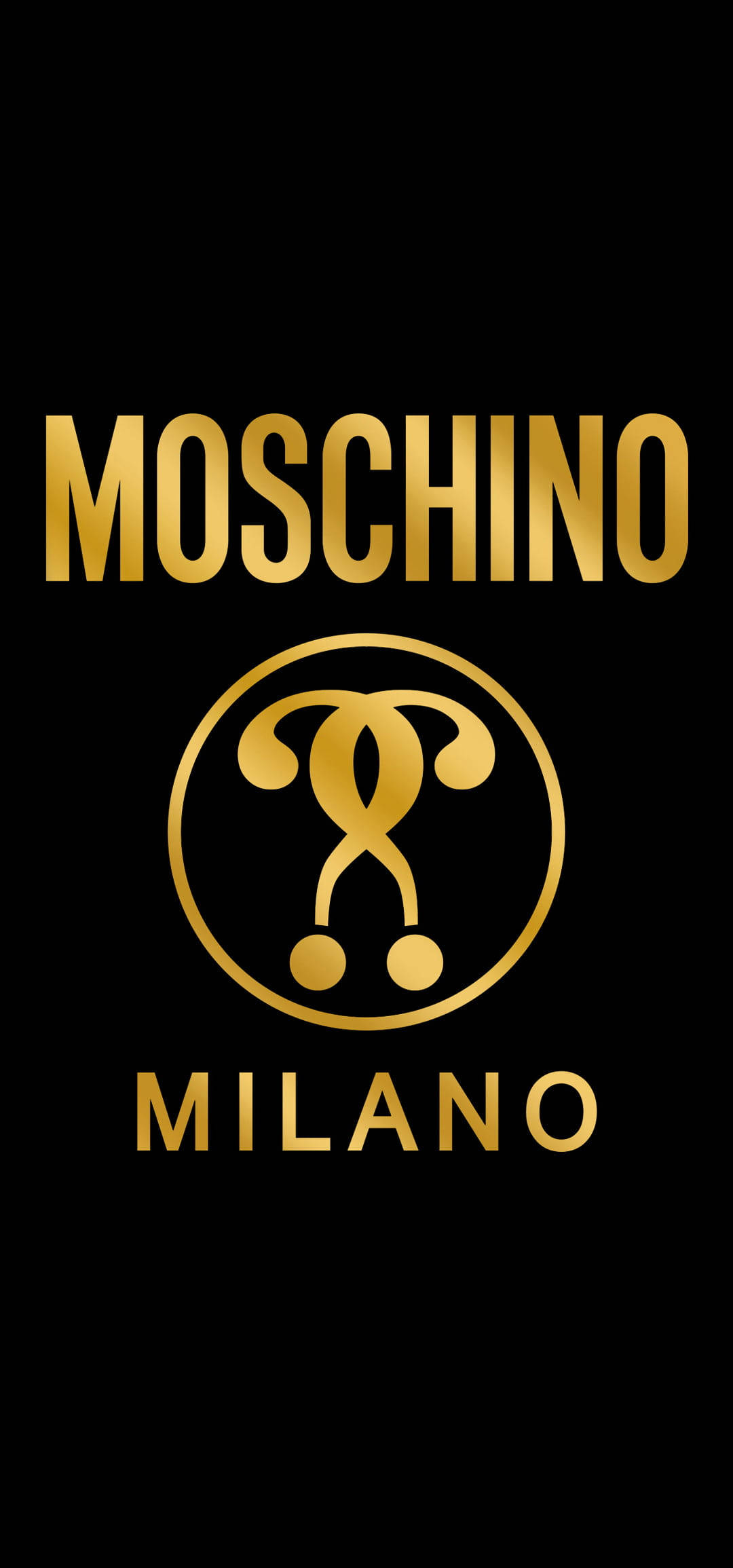 黑金Moschino 壁紙 — 大膽的金色 Moschino Milano 標誌，帶有標誌性的狗徽章，居中在純黑背景上。