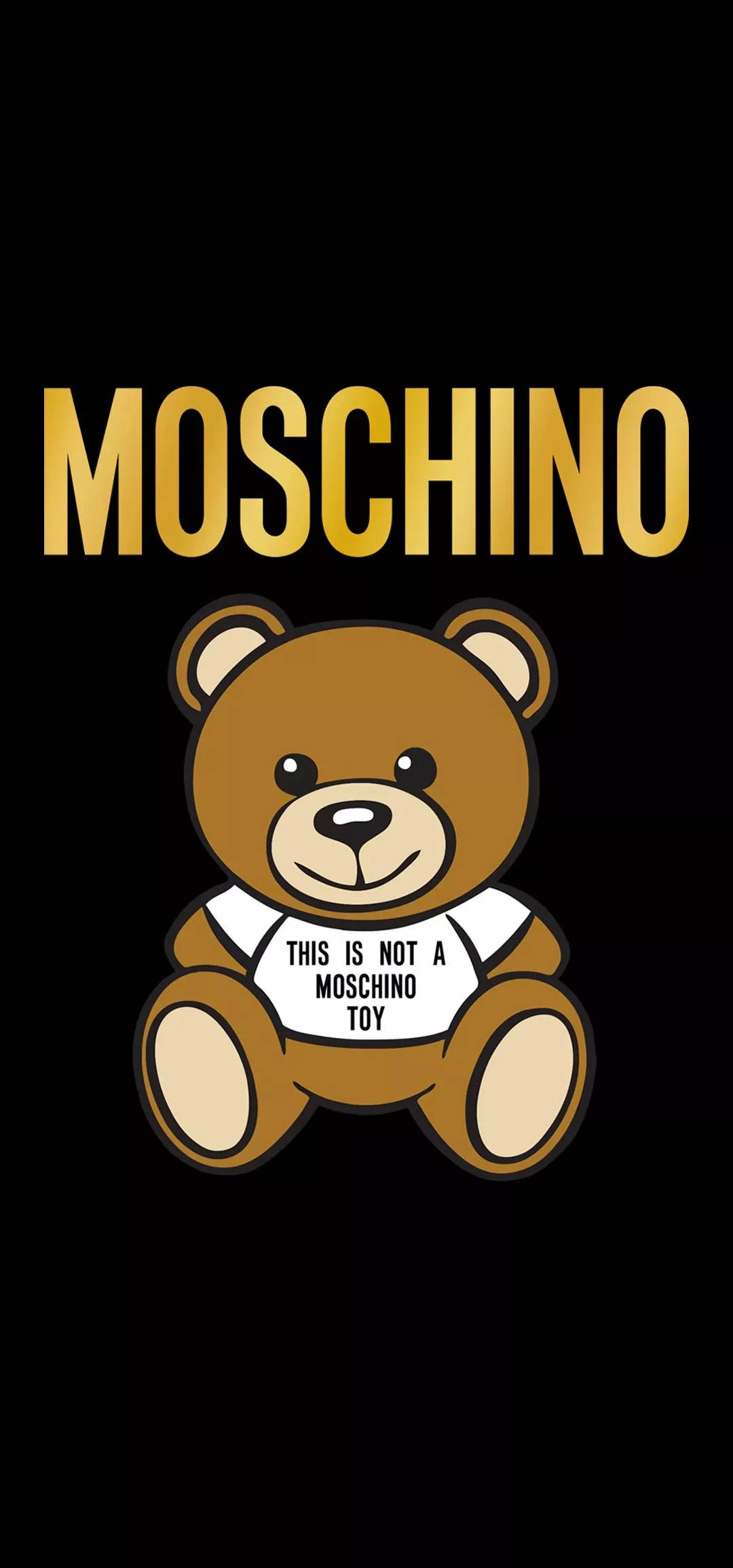 黑金Moschino熊 壁紙 — 一隻卡通泰迪熊穿著帶有文字的白色T恤，坐在黑色背景上，下方是金色MOSCHINO標誌。