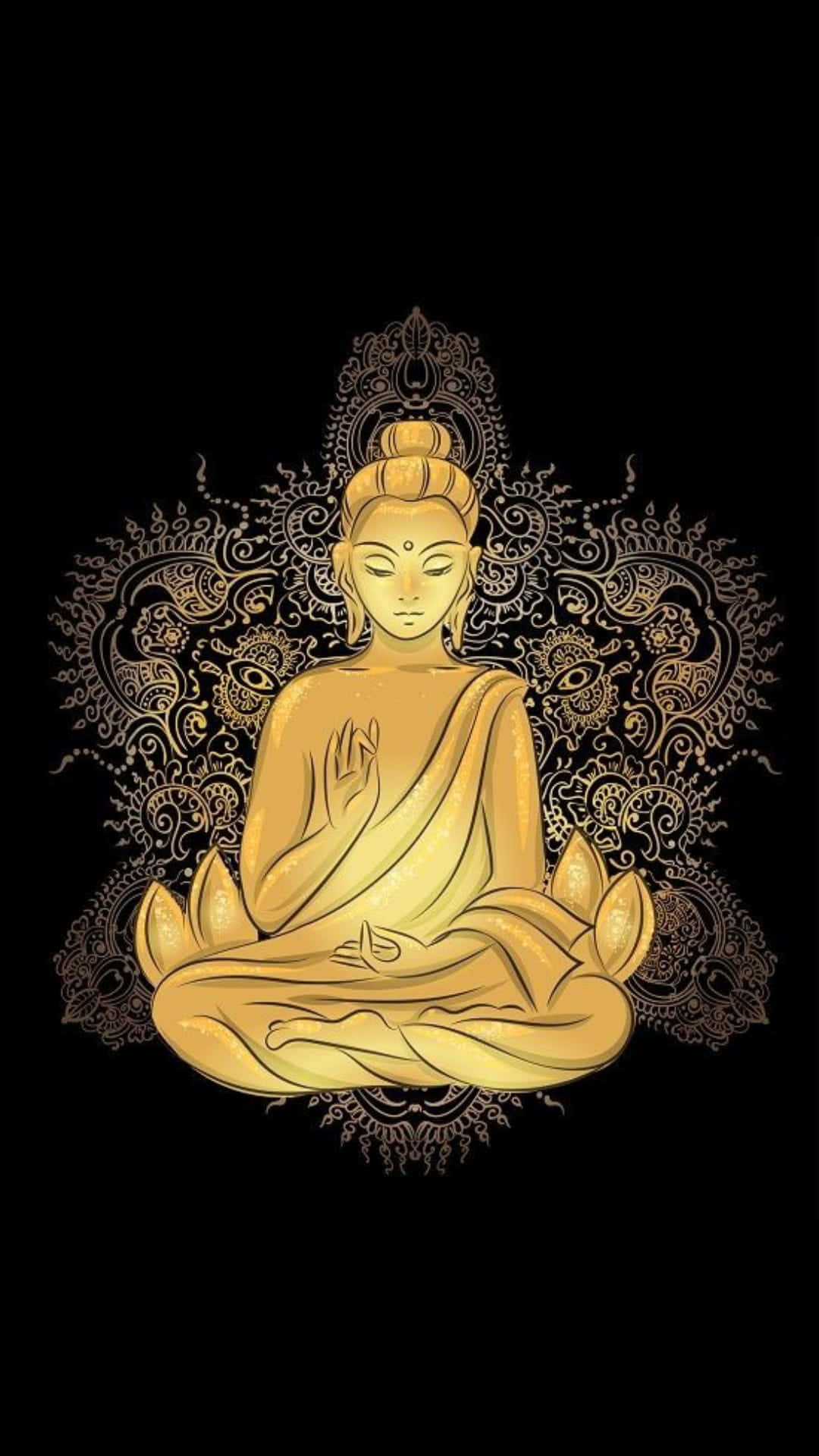 金色佛陀在黑色背景上被華麗的曼陀羅圖案包圍冥想。