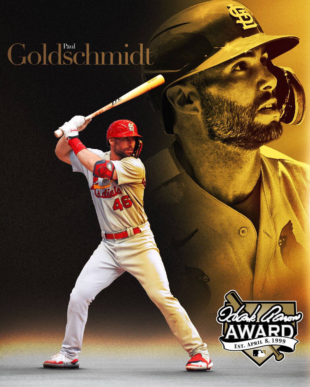 棒球手 Paul Goldschmidt 以擊球姿勢，帶有金色肖像和獎項標誌。