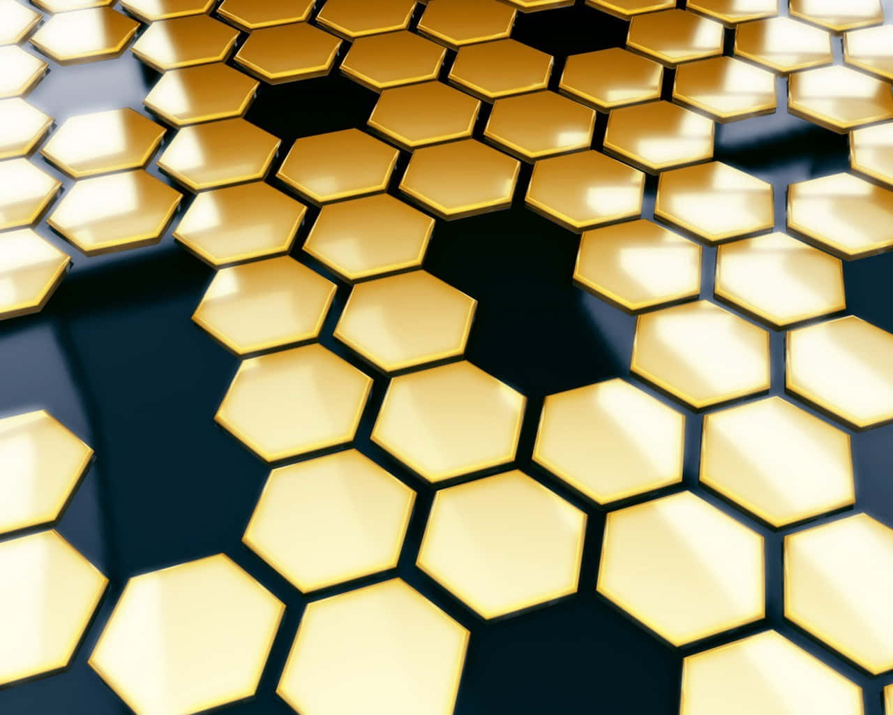 黑金紋理重塑你的桌面空間 壁紙 — 金色六角形瓷磚以幾何圖案排列，具有反光表面和深色陰影。