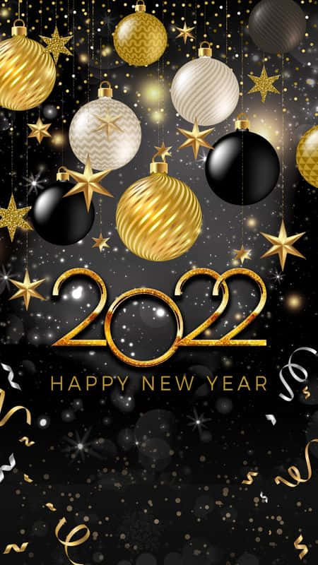 金色和黑色的新年裝飾品和星星，帶有五彩紙屑，慶祝2022年。