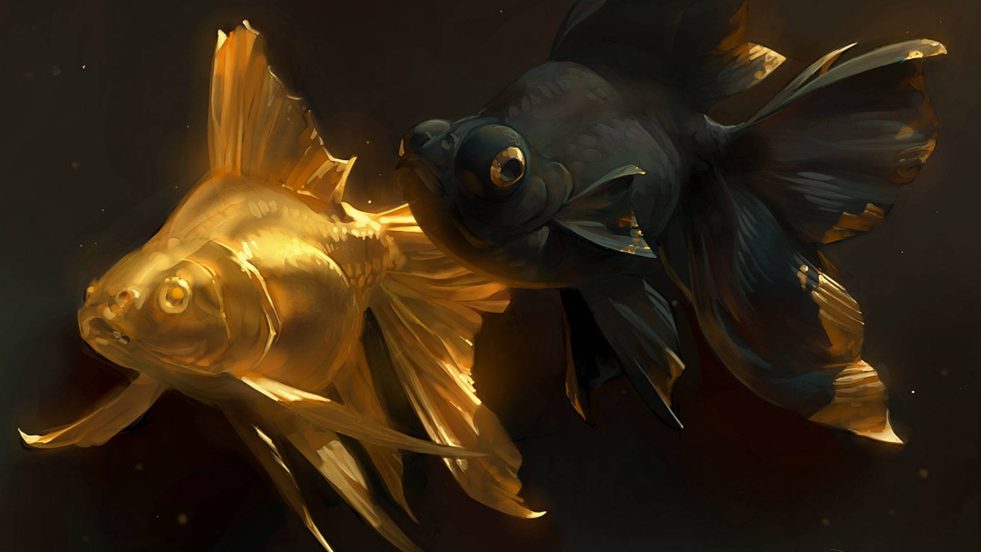 兩條風格化的金魚，一條金色一條黑色，在暗水中游動，眼睛發光。