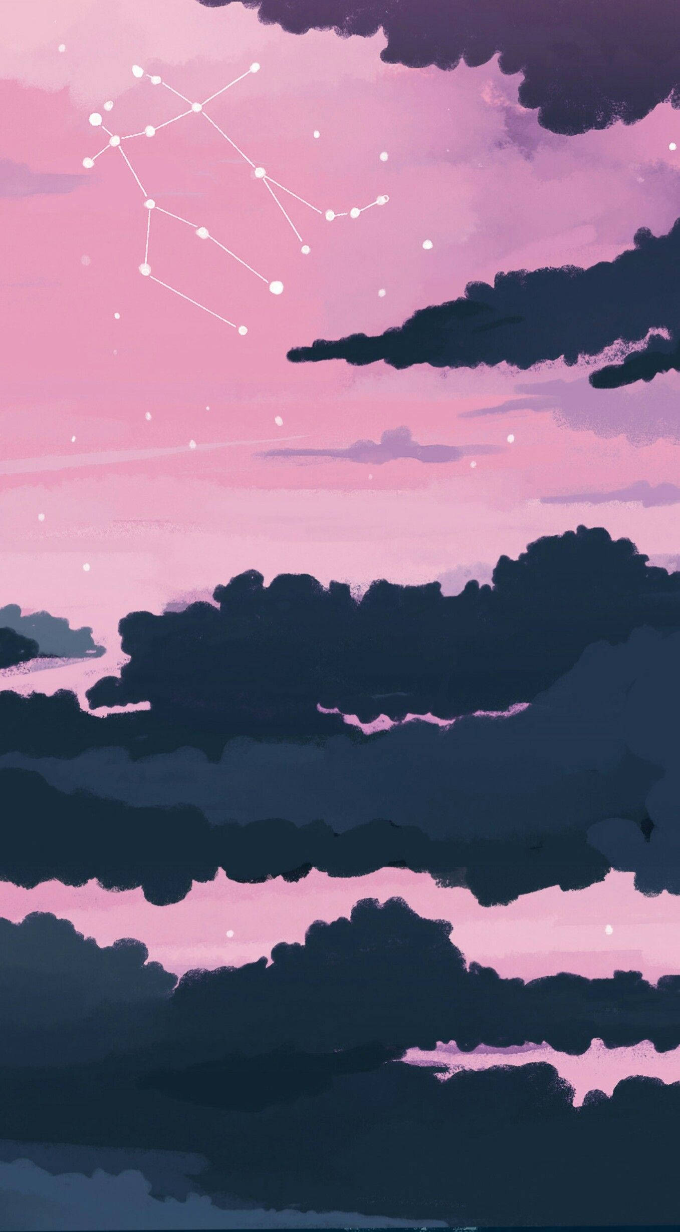黑雲粉天 Tumblr 風格 壁紙 — 夢幻的粉紅色暮色天空，帶有深色雲朵和白色輪廓的發光星座。