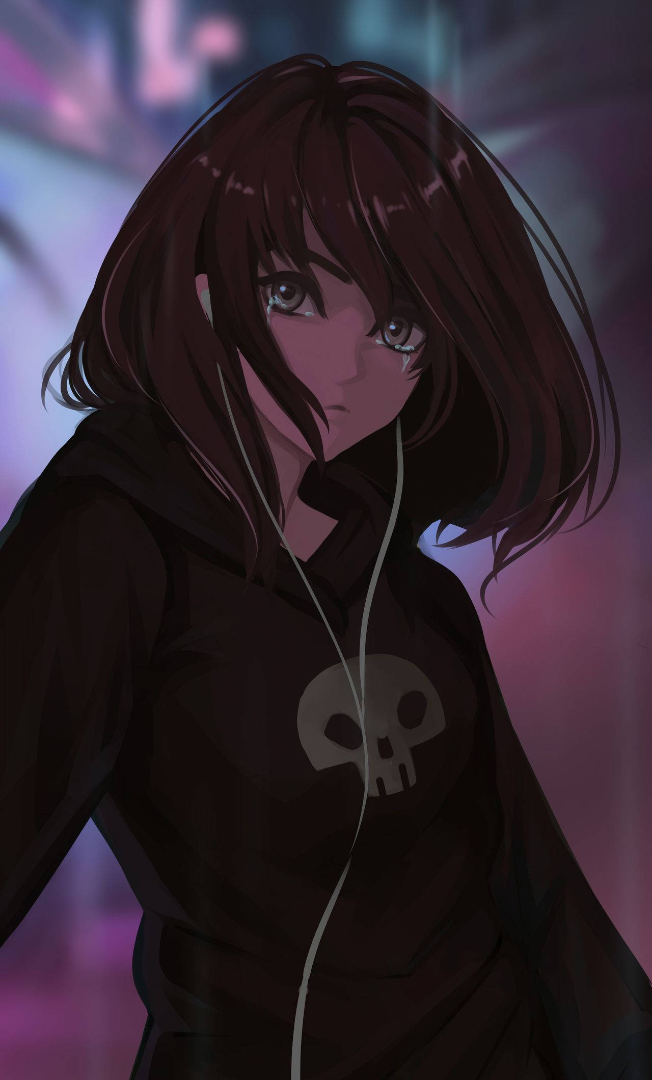黑骷髏動漫少女連帽衫 壁紙 — 一個情緒化的動漫女孩，深色頭髮，穿著骷髏連帽衫，在霓虹燈照亮嘅城市夜景中聽音樂。