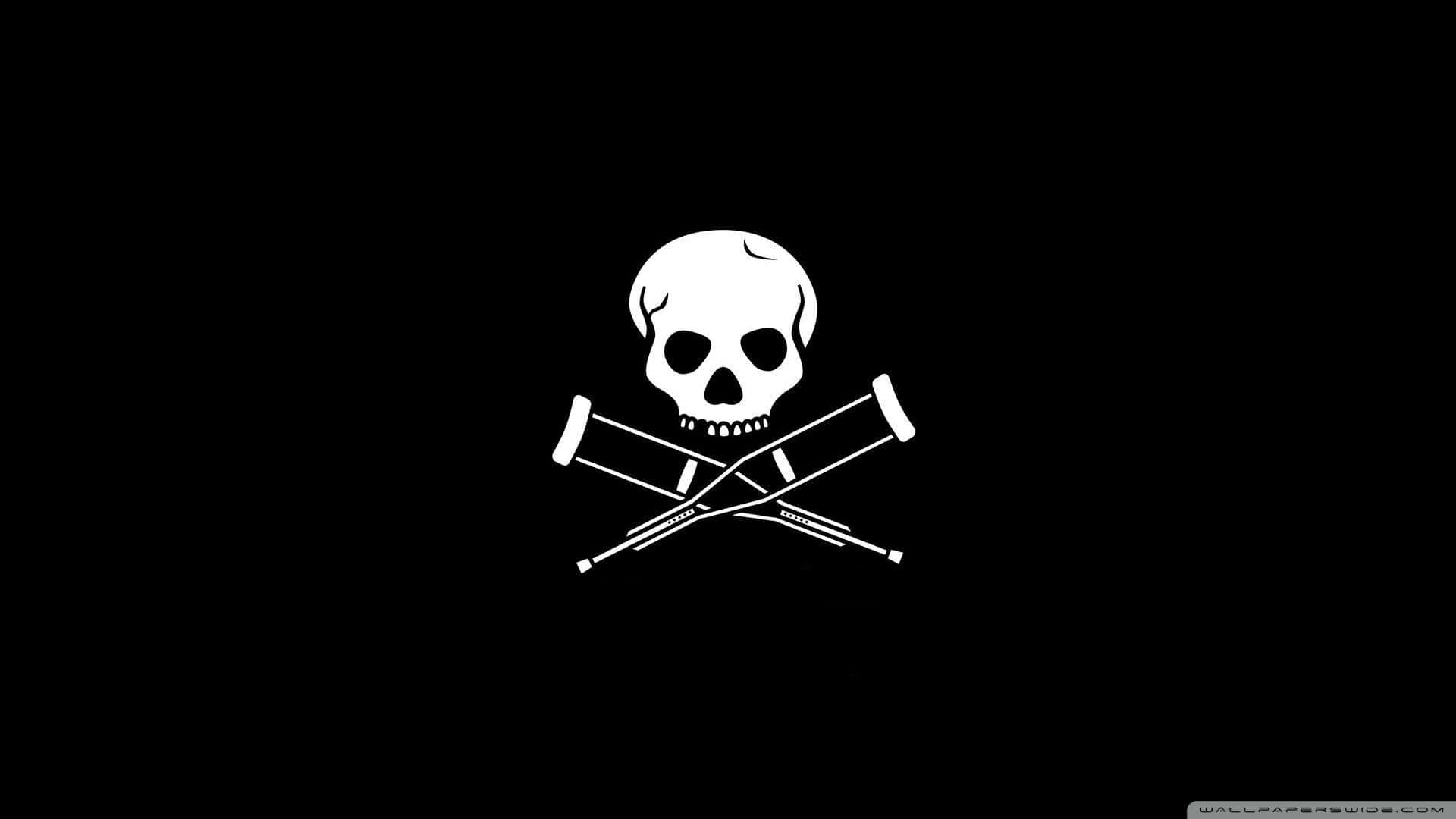 白色骷髏頭和交叉的曲棍球棒在黑色背景上。