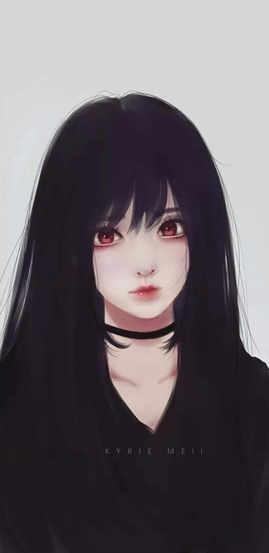 黑髮紅眼的動漫女孩，戴著黑色頸圈。