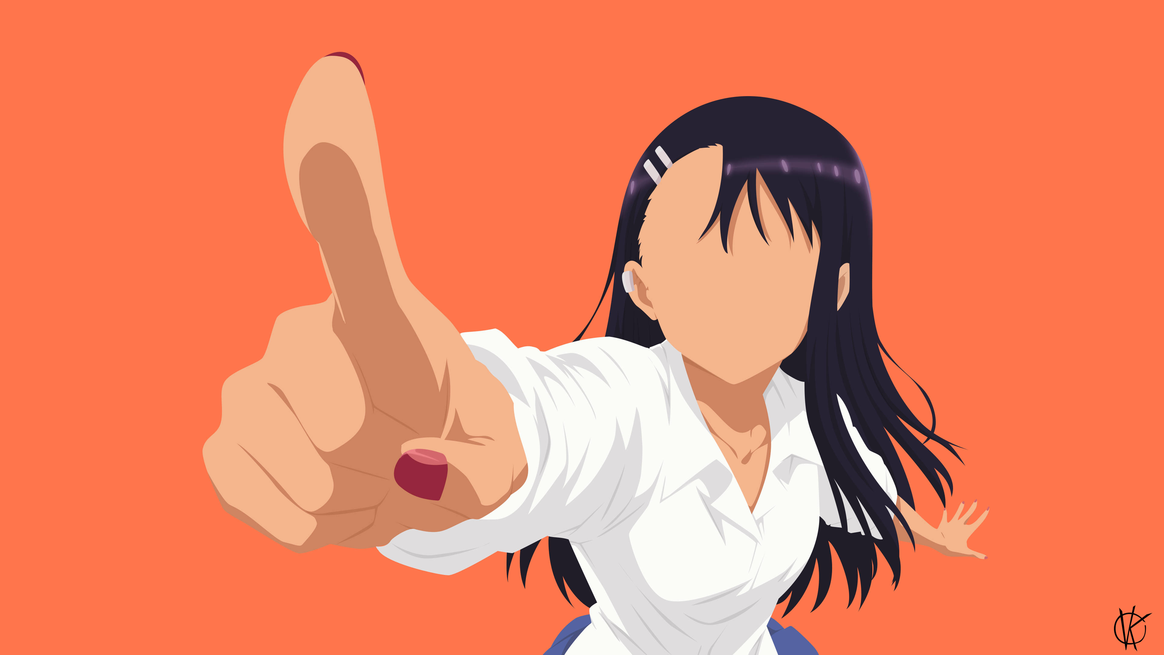 長瀞 桌布 壁紙 — 黑髮動漫女孩穿著白襯衫，在純橙色背景上熱情地豎起大拇指。