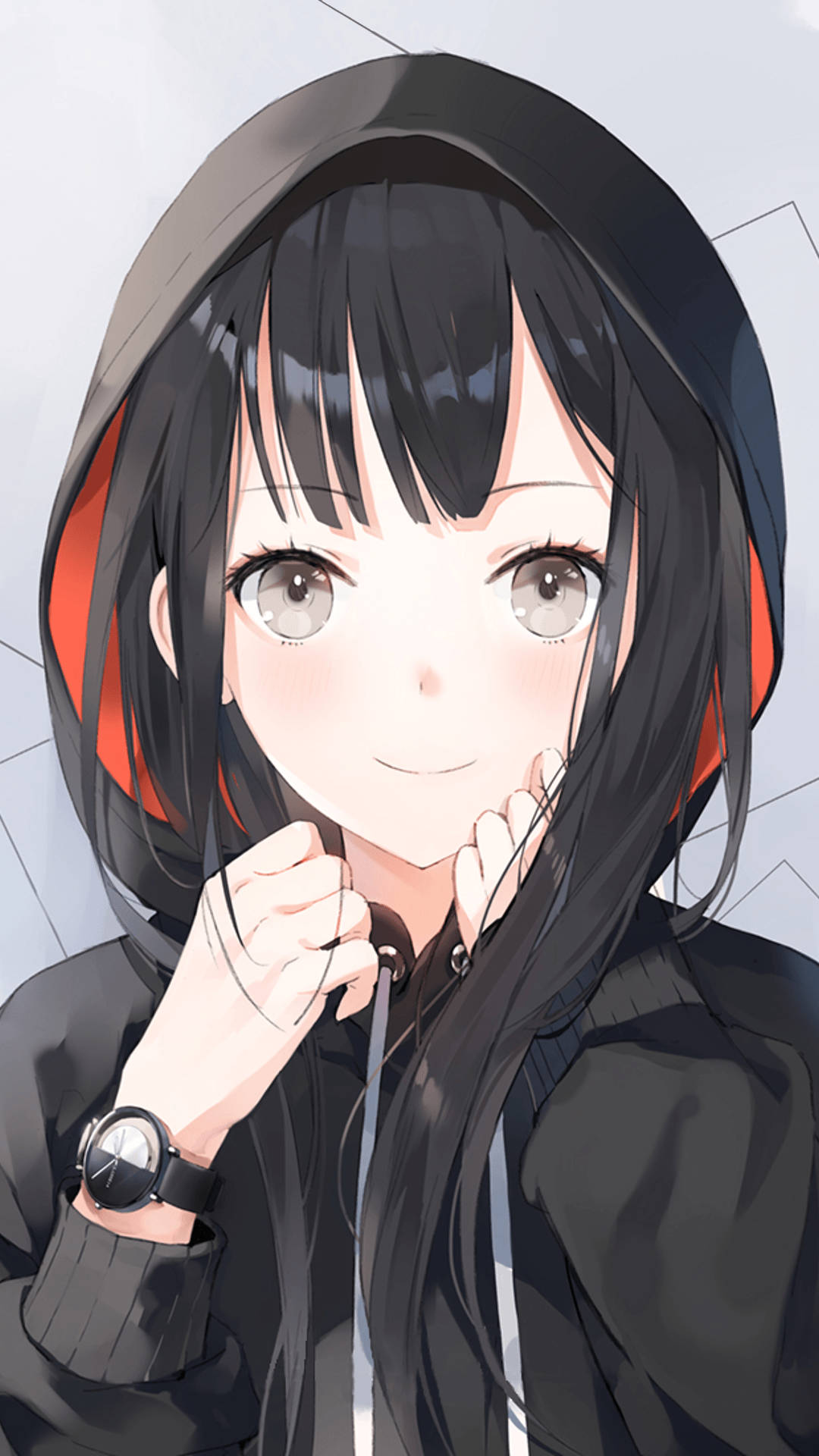 黑髮動漫女孩連帽衫 壁紙 — 一個開心的動漫女孩，長長的黑髮和黑色連帽衫，在幾何背景前微笑著調整她的帽子。