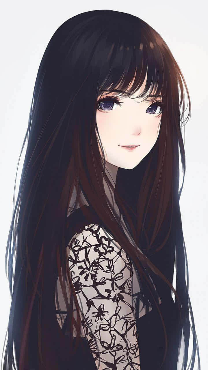 黑髮動漫少女 壁紙 — 一個平靜的動漫女孩，長長的黑髮和紫色的眼睛，在純白色背景上溫柔地微笑。