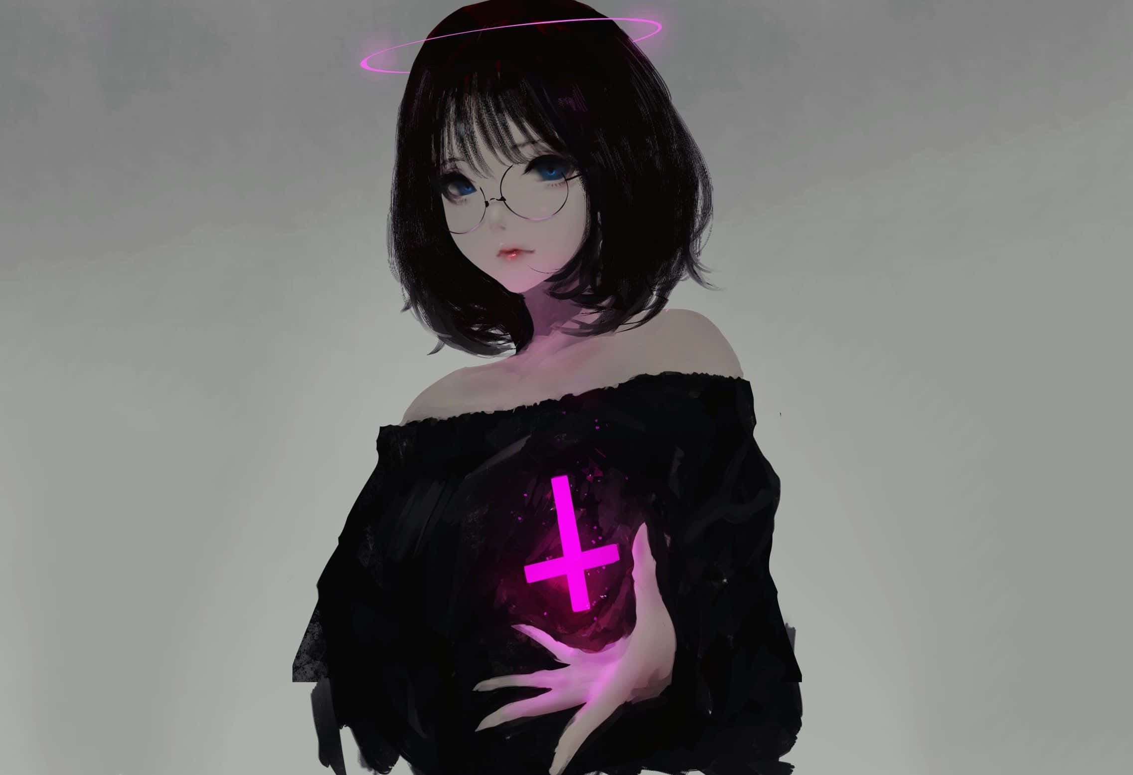 黑髮動漫少女 壁紙 — 一位年輕的動漫女孩，黑髮戴眼鏡，胸前握著一個發光的粉紅色十字架，頭頂上漂浮著粉紅色光環。