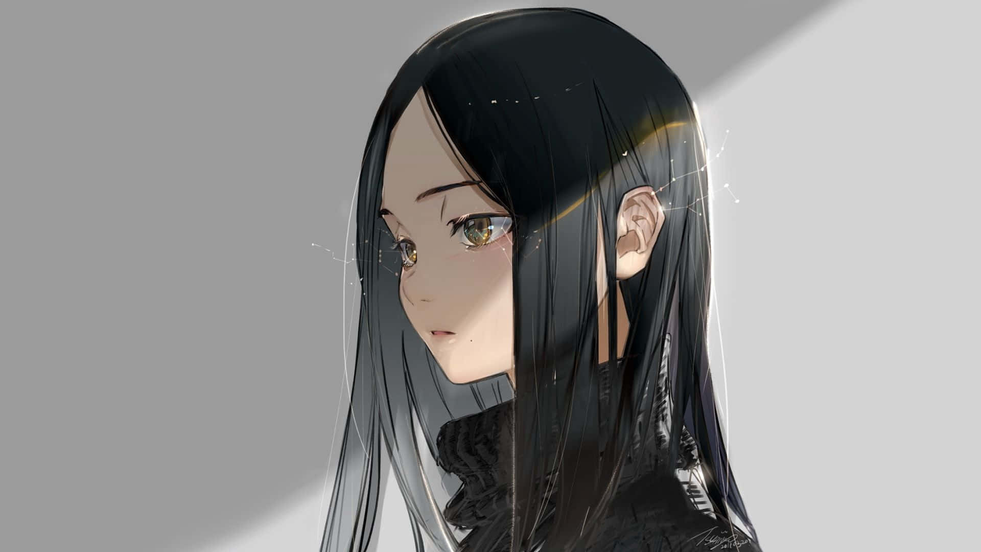 黑髮動漫少女 壁紙 — 一位平靜的動漫女孩，長著黑色長髮和金色眼睛，在簡約的灰色背景下溫柔地凝視著。