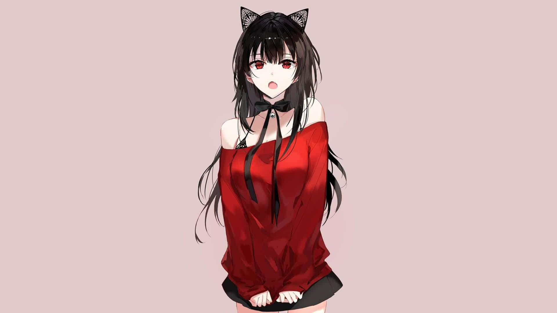 黑髮動漫少女 壁紙 — 擁有黑色貓耳和紅色眼睛的動漫女孩，在柔和的粉紅色背景前穿著紅色露肩上衣。