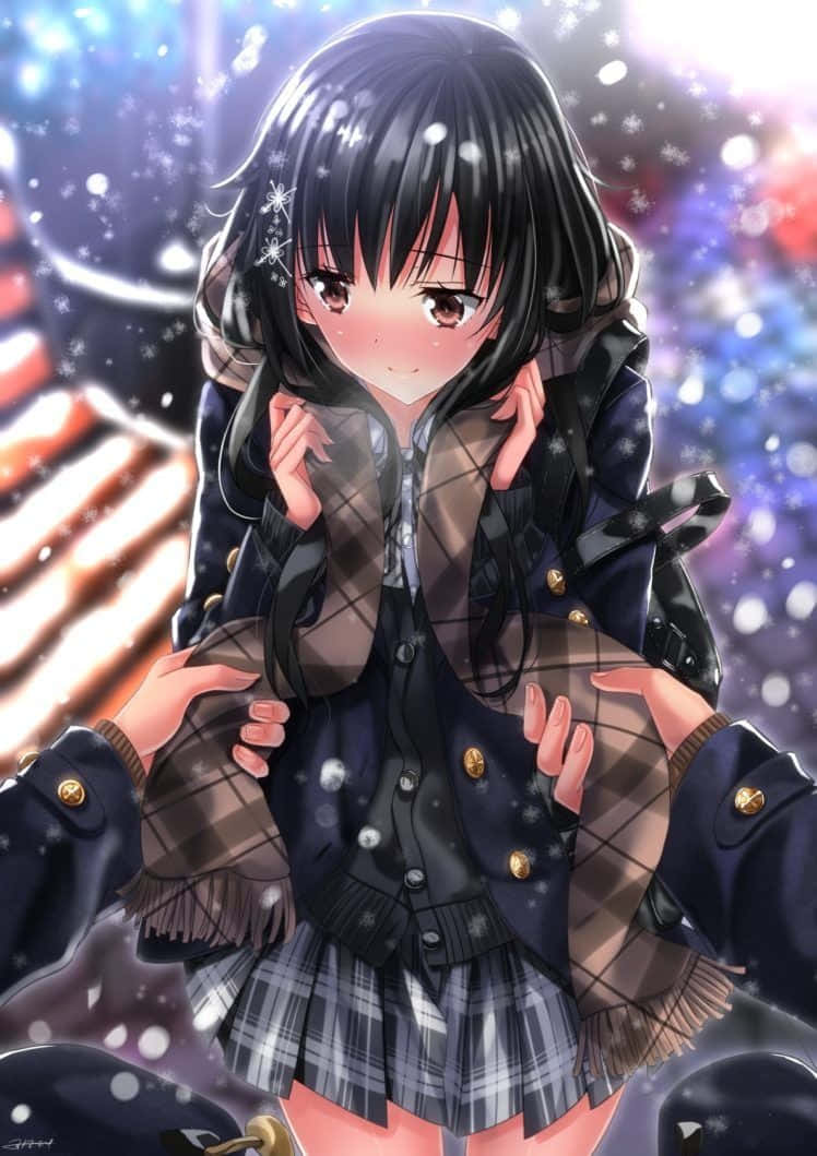 黑髮動漫少女 壁紙 — 一個穿著格仔校服嘅開心動畫女孩喺充滿活力嘅宇宙背景下，喺雪花飄落嘅時候溫暖咁微笑。