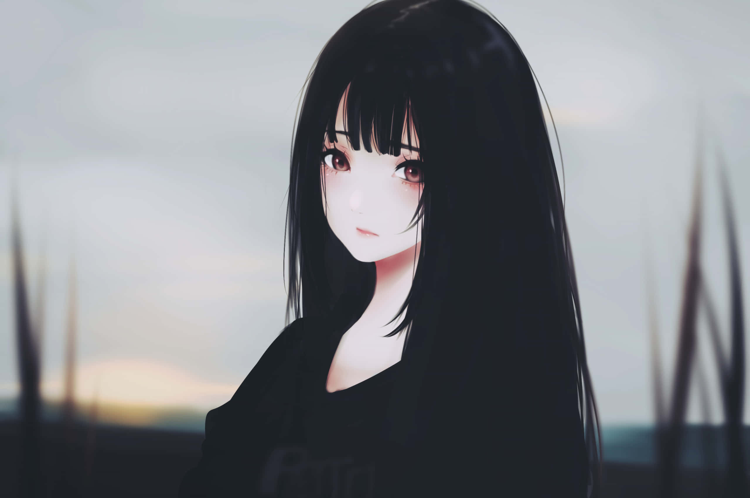 黑髮動漫少女凝視城市風景 壁紙 — 一個寧靜的動漫女孩，長長的黑髮和柔軟的粉紅色眼睛，溫柔地凝視著模糊的黃昏天空。