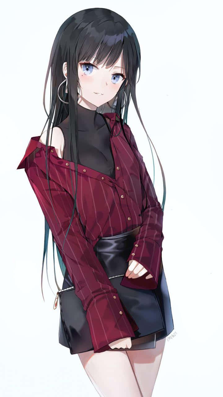 黑髮動漫少女的街景 壁紙 — 一個時尚的動漫女孩，長長的黑髮和藍色的眼睛，穿著紅色細條紋襯衫和黑色裙子，背景是純白色。