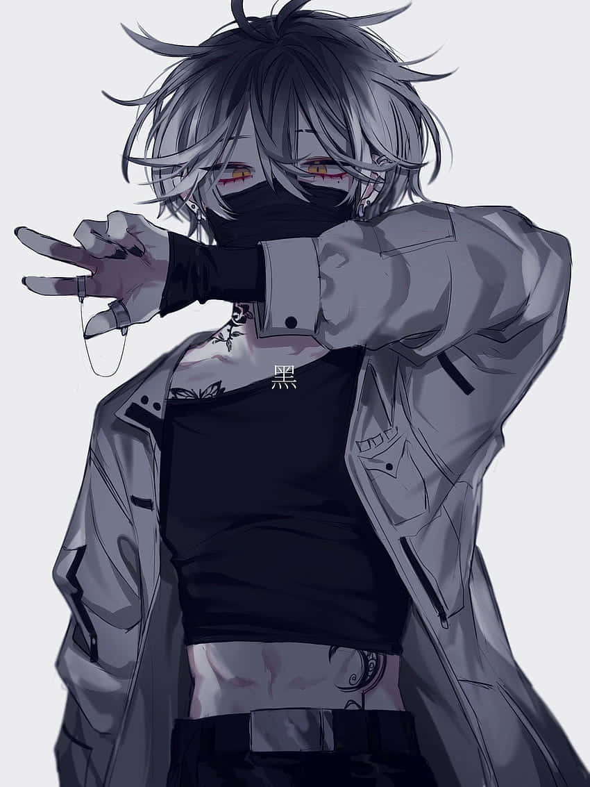 黑髮動漫男孩 壁紙 — 一個風格化的動漫角色，灰色頭髮和黑色面具，在純色背景上比出和平手勢。