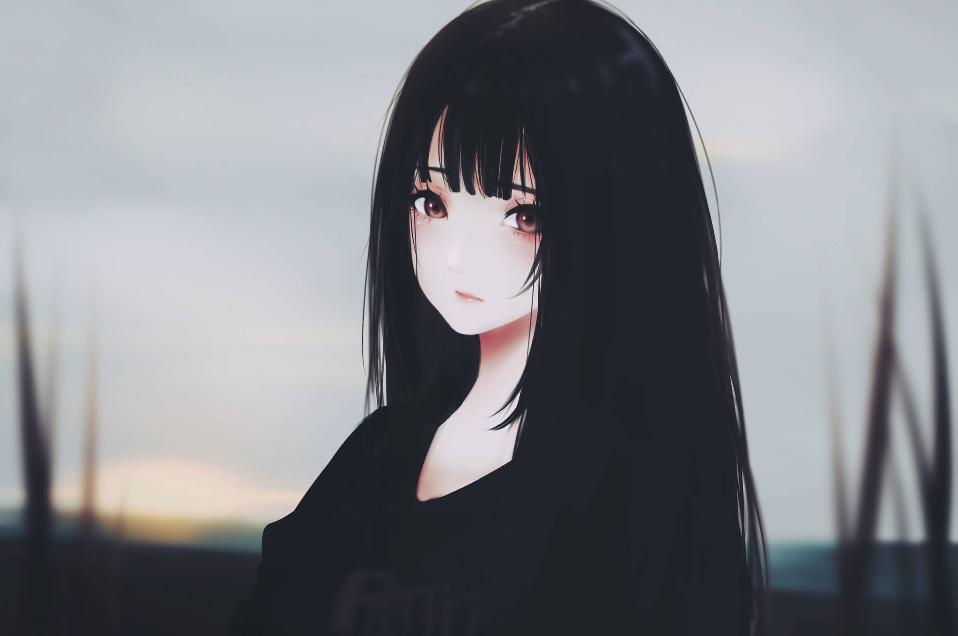 黑髮粉紅眼睛的動漫女孩，黃昏場景
