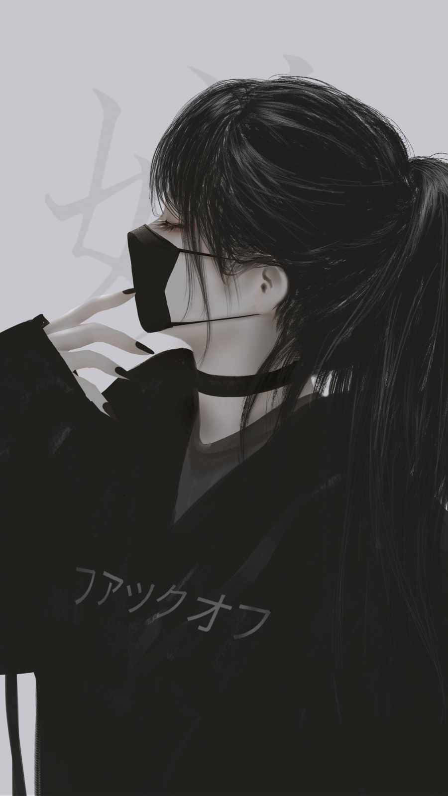 黑髮戴口罩的動漫女孩在灰階中看向別處。