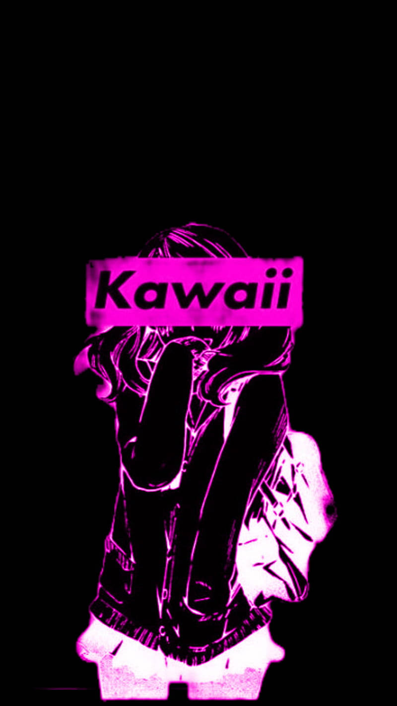 黑髮可愛少女霓虹風 壁紙 — 一個發光的粉紅色動漫女孩剪影，帶有 'Kawaii' 文字，背景為黑色。