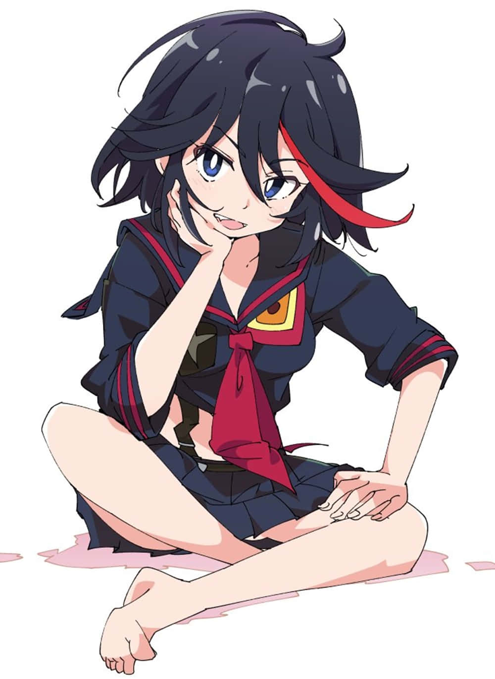 ryuko matoi 桌布 壁紙 — 黑髮帶紅色挑染的動漫女孩，穿著水手服盤腿而坐，手托下巴。