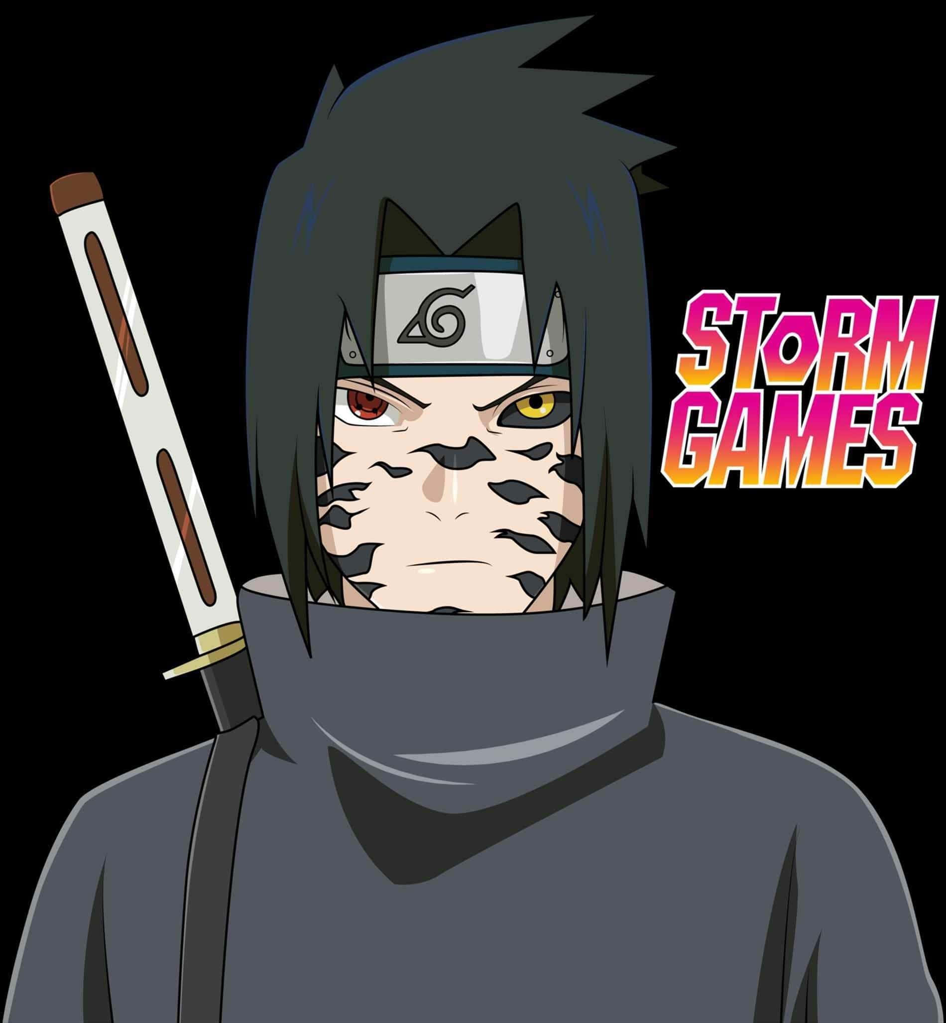Sasuke Uchiha Cursed Mark 桌布 壁紙 — 黑髮異色瞳的動漫角色，在黑色背景上手持劍，背景有彩色標誌。