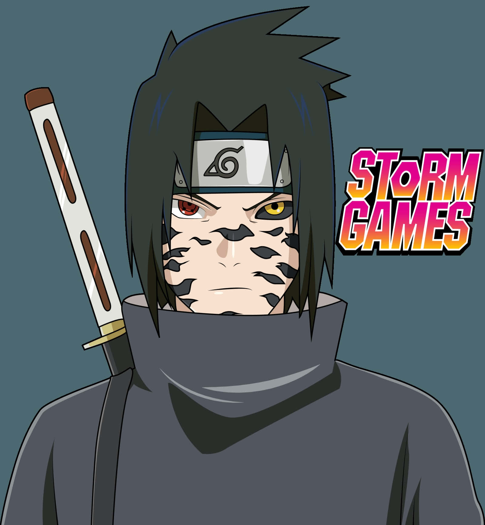 Sasuke Uchiha Cursed Mark 桌布 壁紙 — 黑髮異色瞳的動漫角色在灰色背景前手持劍。