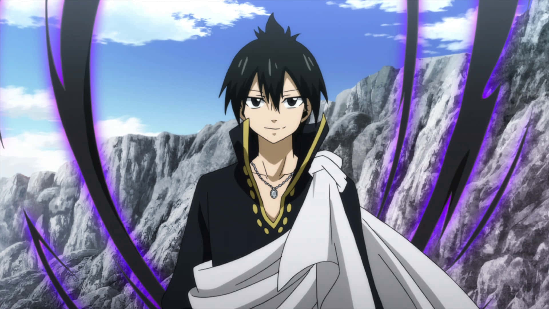 Zeref Dragneel 桌布 壁紙 — 黑髮白披風的動漫角色站在藍天下，鋸齒狀山脈被紫色能量弧環繞。