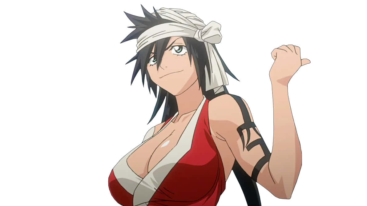 Kukaku Shiba 桌布 壁紙 — 黑髮白色頭帶的動漫女孩在純白背景前穿著紅白服裝彎曲手臂。