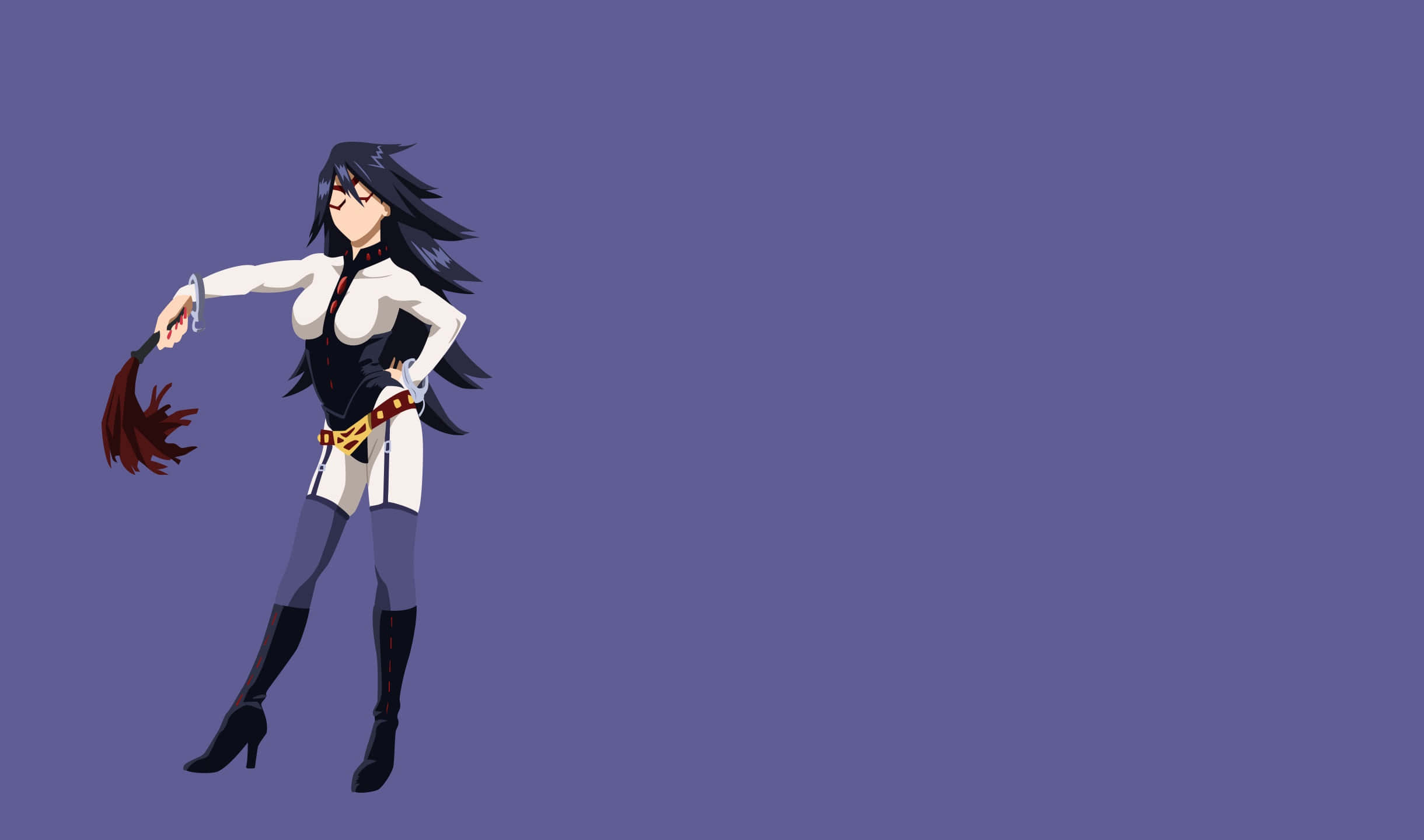 2440x1440 桌布 壁紙 — 黑髮白衣動漫女孩在純紫色背景上手持紅色鞭子。