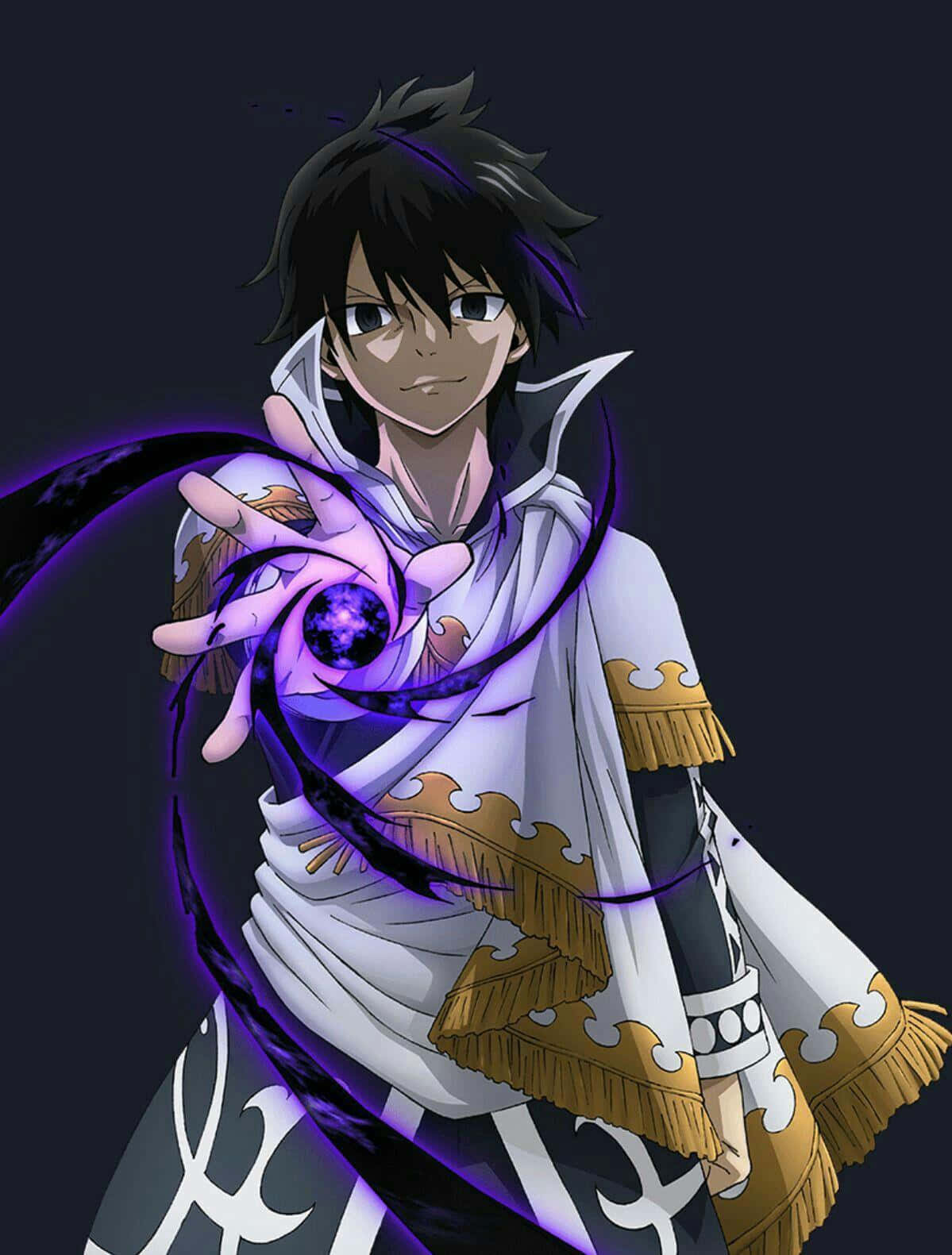 Zeref Dragneel 桌布 壁紙 — 黑髮白袍的動漫角色在黑暗背景中從手中釋放出發光的紫色魔法。
