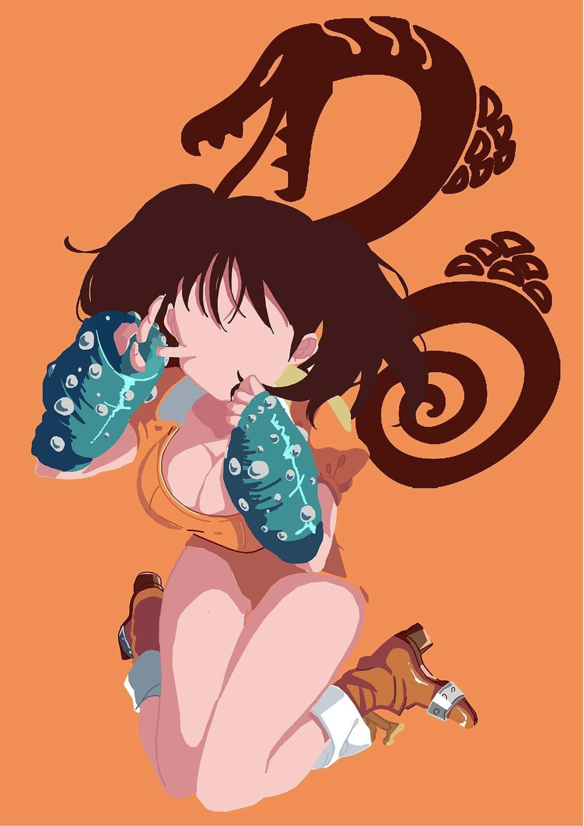 Seven Deadly Sins Diane 桌布 壁紙 — 黑髮的動漫女孩戴著藍色裝甲手套，跪在純橙色背景上，身後有一個巨大的棕色龍剪影。