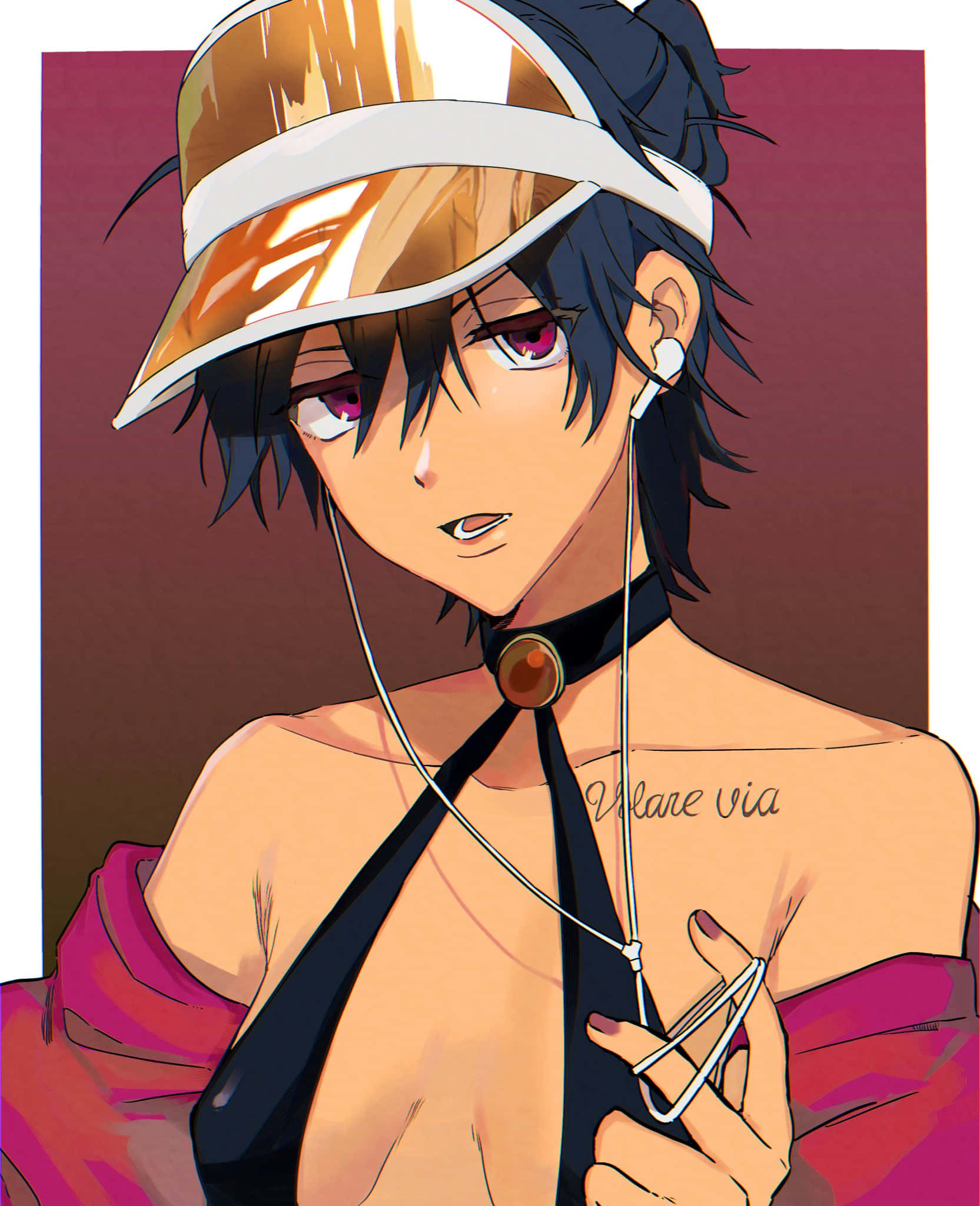 Narancia Ghirga 桌布 壁紙 — 黑髮粉紅眼睛的動漫女孩戴著金色護目鏡和黑色頸鍊，在栗色背景前拿著耳機。
