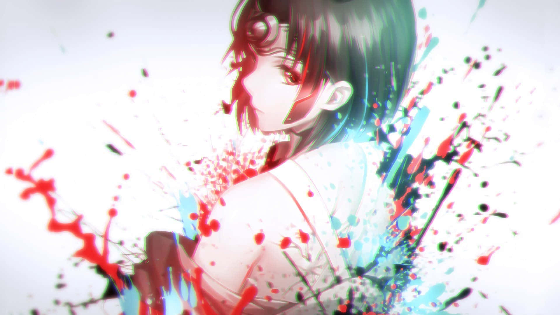 Kabaneri Of The Iron Fortress 桌布 壁紙 — 黑髮紅眼動漫女孩，被鮮豔的紅色、藍色和黑色油漆飛濺包圍，背景為亮白色。