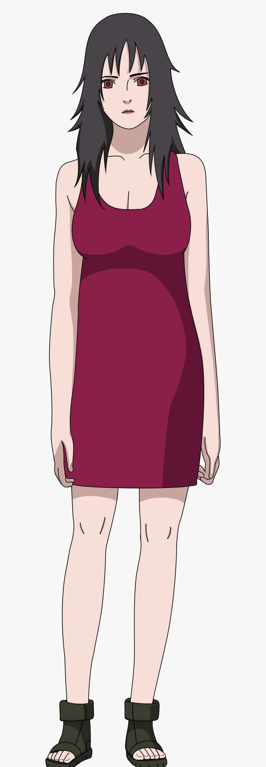 Kurenai Yuhi 桌布 壁紙 — 黑髮紅眼動漫女孩，身穿栗色連衣裙和綠色涼鞋，站在純色背景前。