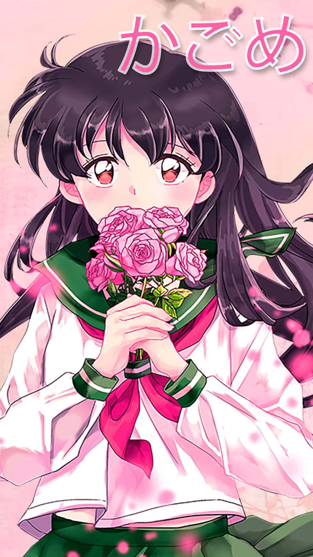 Kagome Higurashi 桌布 壁紙 — 黑髮紅眼動漫女孩在柔和粉紅色背景前將粉紅玫瑰靠近臉龐。