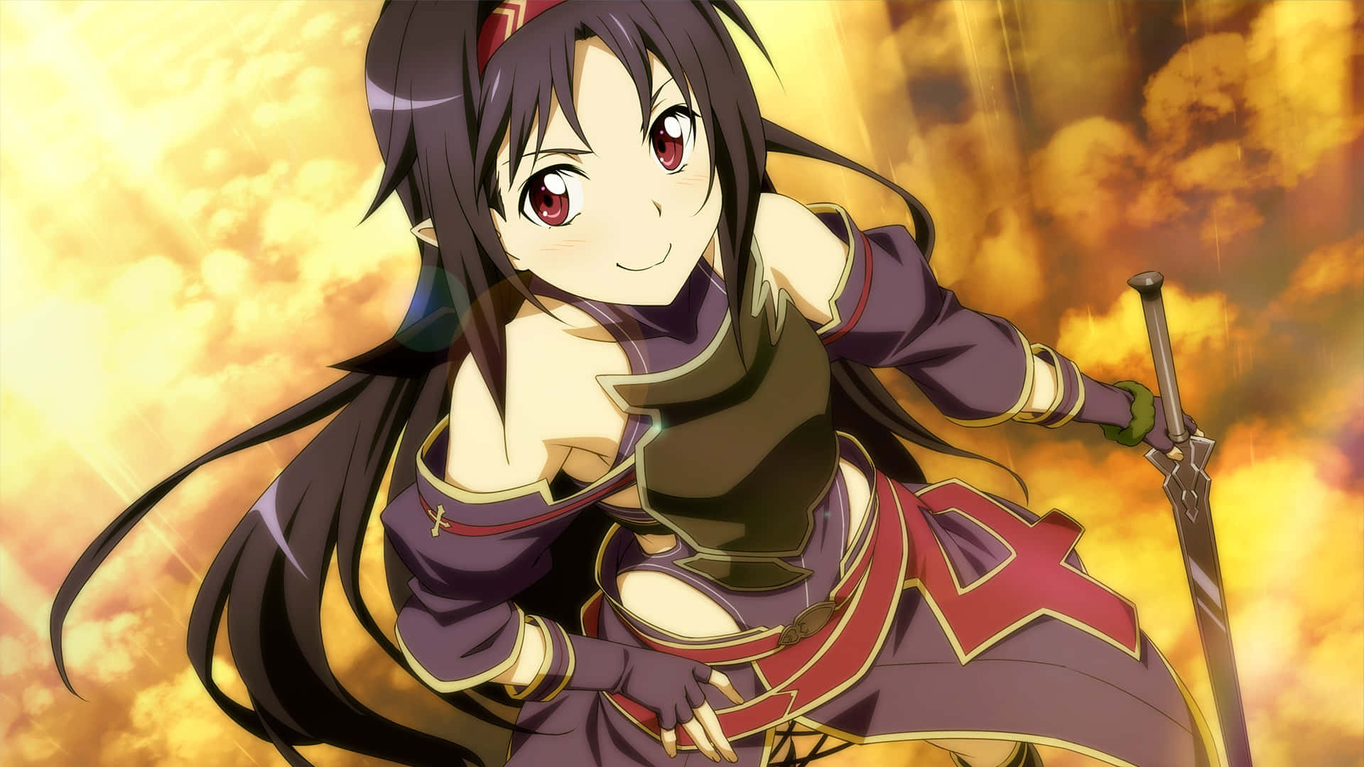 Yuuki Konno 桌布 壁紙 — 黑髮紅眼動漫女孩微笑著，手持劍，背景是火紅的金色天空。