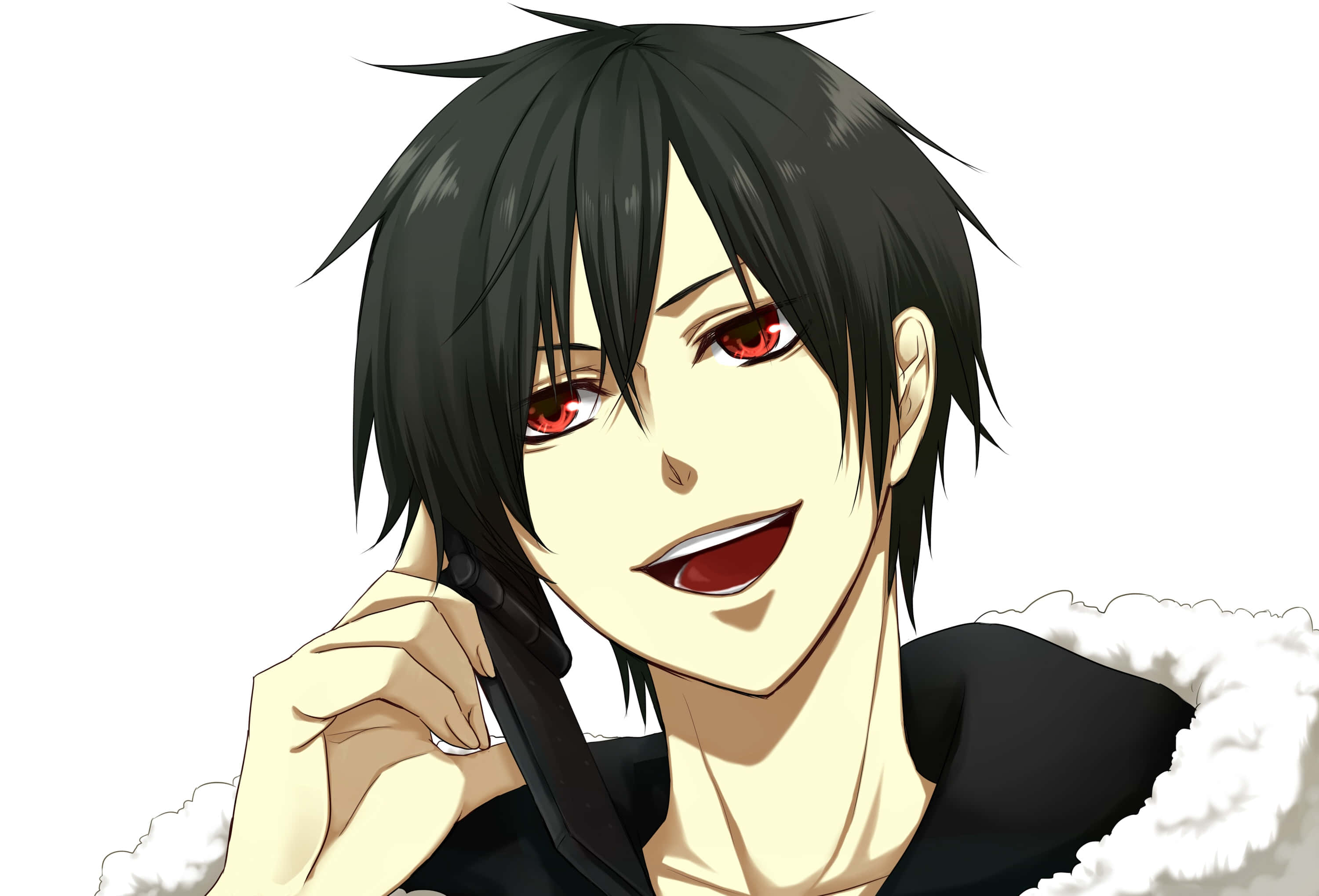 Izaya Orihara 桌布 壁紙 — 黑髮紅眼動漫角色在白色背景前微笑著拿著手機。