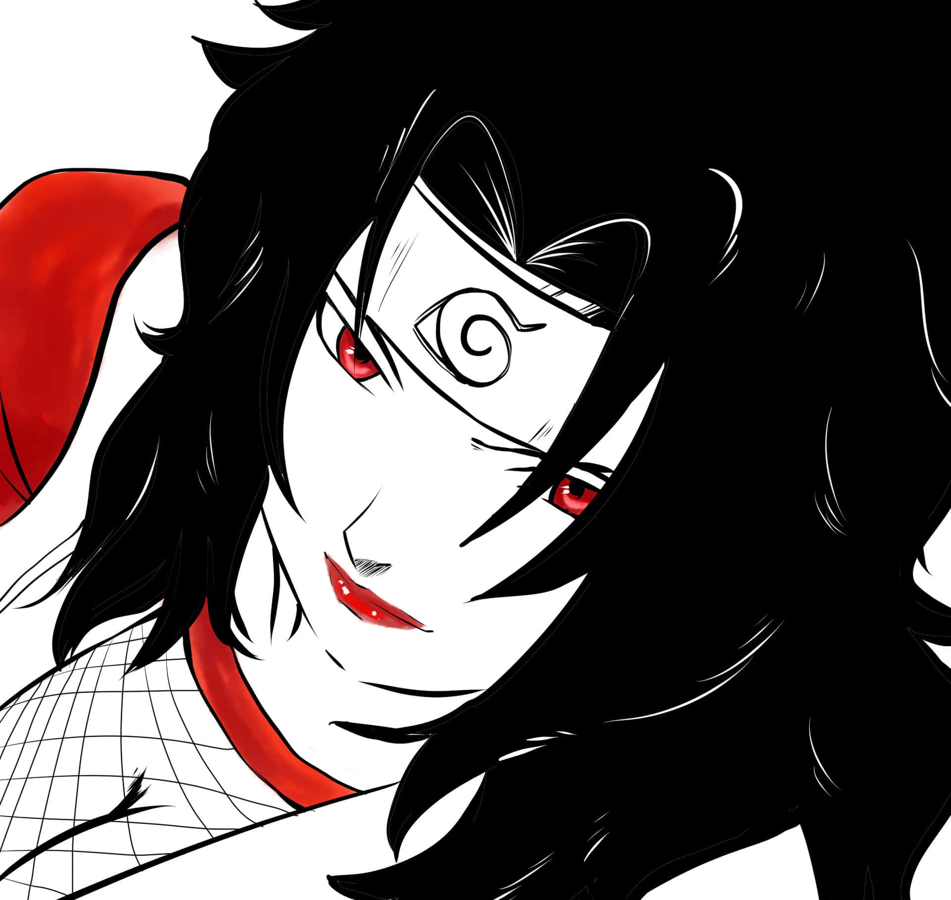 Kurenai Yuhi 桌布 壁紙 — 黑髮紅眼帶螺旋標記的動漫角色，在純白背景下強烈凝視。