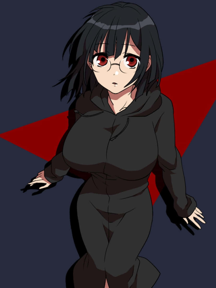 Anri Sonohara 桌布 壁紙 — 黑髮紅眼戴眼鏡的動漫女孩，在帶有紅色星星的深色背景前穿著深色連帽衫。